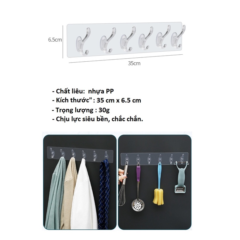 Móc Treo Quần Áo Dán Tường 6 móc- Treo Khăn Lau, Đồ Dùng Nhà Bếp, Phòng Tắm Đa Năng