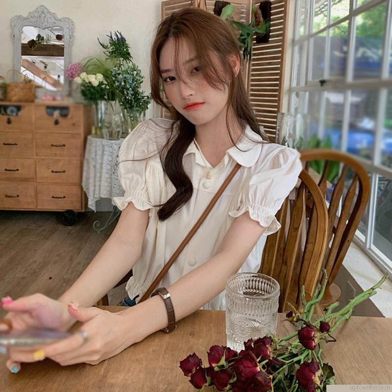 Áo croptop tay phồng ngắn màu trơn phối nút thời trang cho nữ