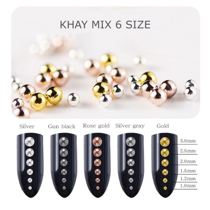 Khay charm bi vàng - bạc chia size trang trí gắn móng làm nail mi