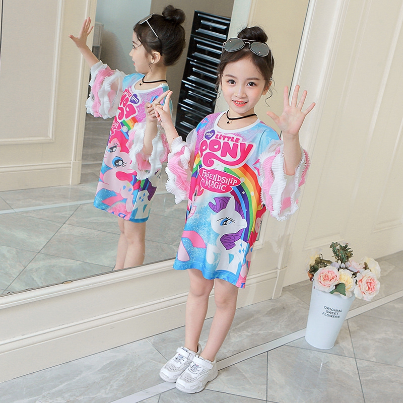 Đầm thun tay hoa in hình ngựa Pony thời trang mùa hè Hàn Quốc đáng yêu cho bé gái