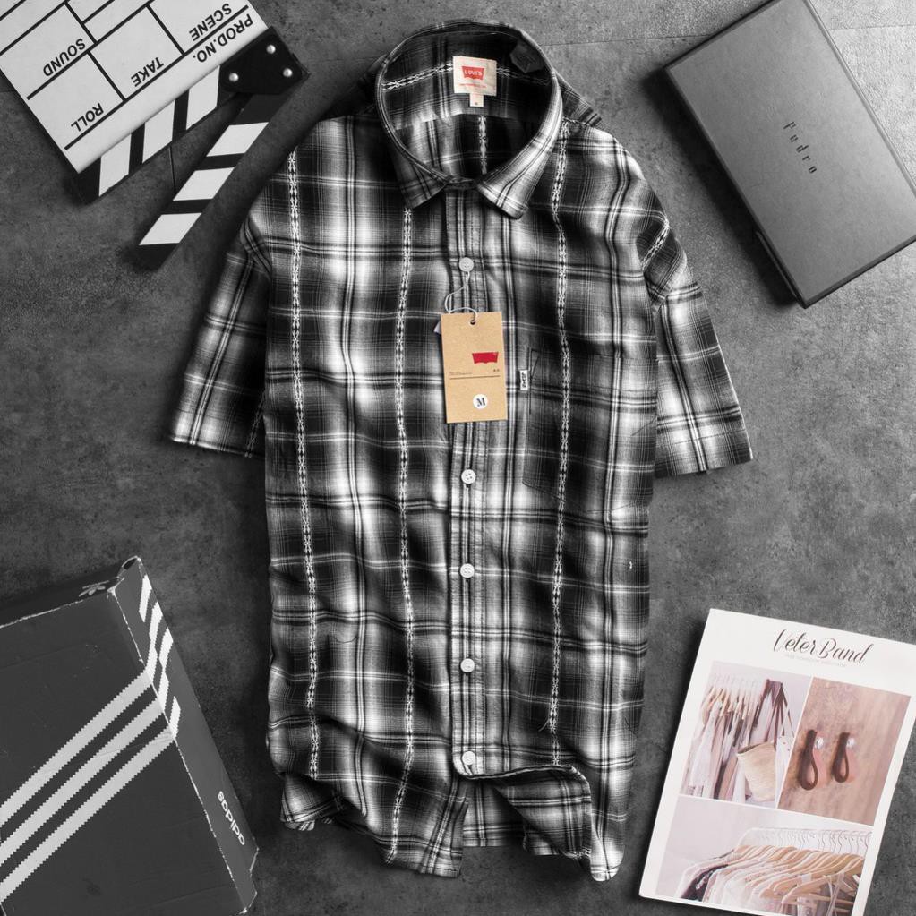 Áo sơ mi nam caro tay ngắn Levis cao cấp hoa văn thêu màu Đen chủ đạo - Đẳng Cấp Doanh Nhân New