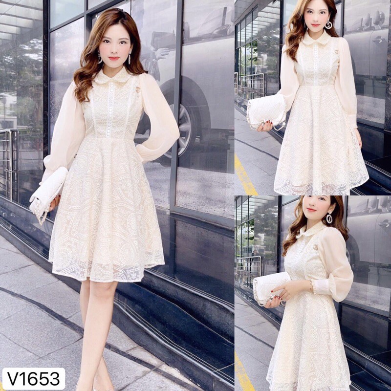 Váy nữ đi tiệc hàng thiết kế DVC,đầm phối ren cao cấp dáng xòe cổ sen, dáng xòe đẹp sang chảnh có video ảnh thật độc | BigBuy360 - bigbuy360.vn