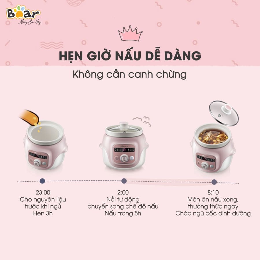 Nồi Nấu Cháo Cho Bé Hầm Chậm Đa Năng Đẹp Tiện Dụng Bear Dung tích 1 Lít DDZ-D10B1S- HiMect