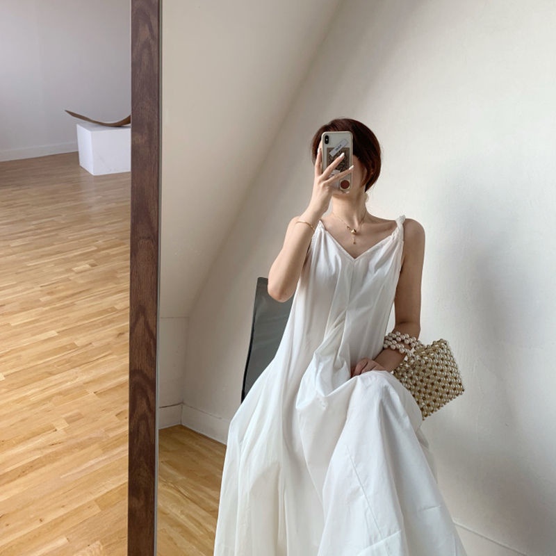 2022 summer new loose beach long skirt day white skirt