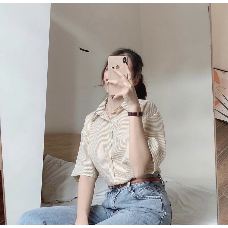 Áo sơ mi kẻ cộc tay chất xốp - Áo sơ mi nữ (video/sẵn)
