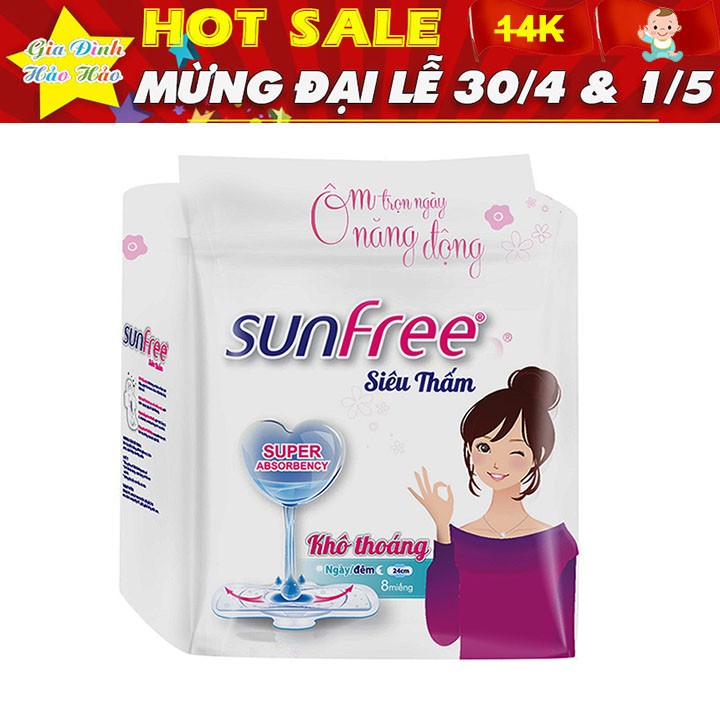 Băng vệ sinh Sunfree siêu thấm khô thoáng có cánh 24cm x Gói 8 Miếng