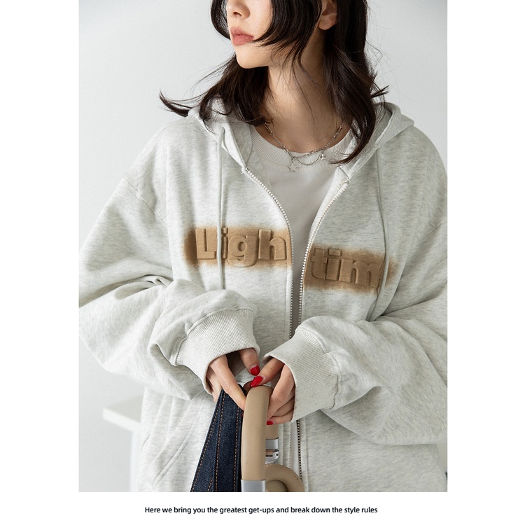 Áo Khoác Hoodie Dáng Rộng Có Khóa Kéo In Chữ Thời Trang Xuân Thu Cho Nữ