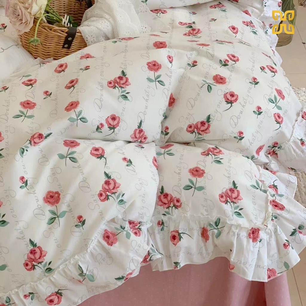 Bộ chăn ga gối cotton lụa mềm bèo hoa nhí, chất cotton lụa mềm mại thoáng mát tạo cảm giác dễ chịu cho giấc ngủ