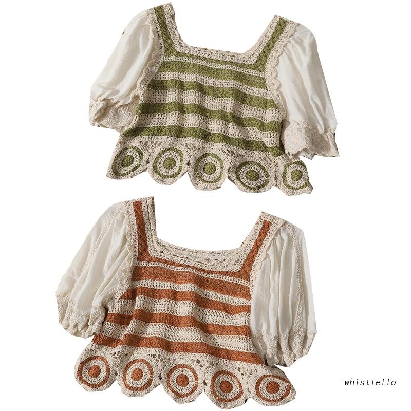 Whi Áo Crop Top Dệt Kim Tay Ngắn Phồng Cổ Vuông Phối Ren Rỗng Họa Tiết Kẻ Sọc Màu Sắc Tương Phản Thời Trang Mù