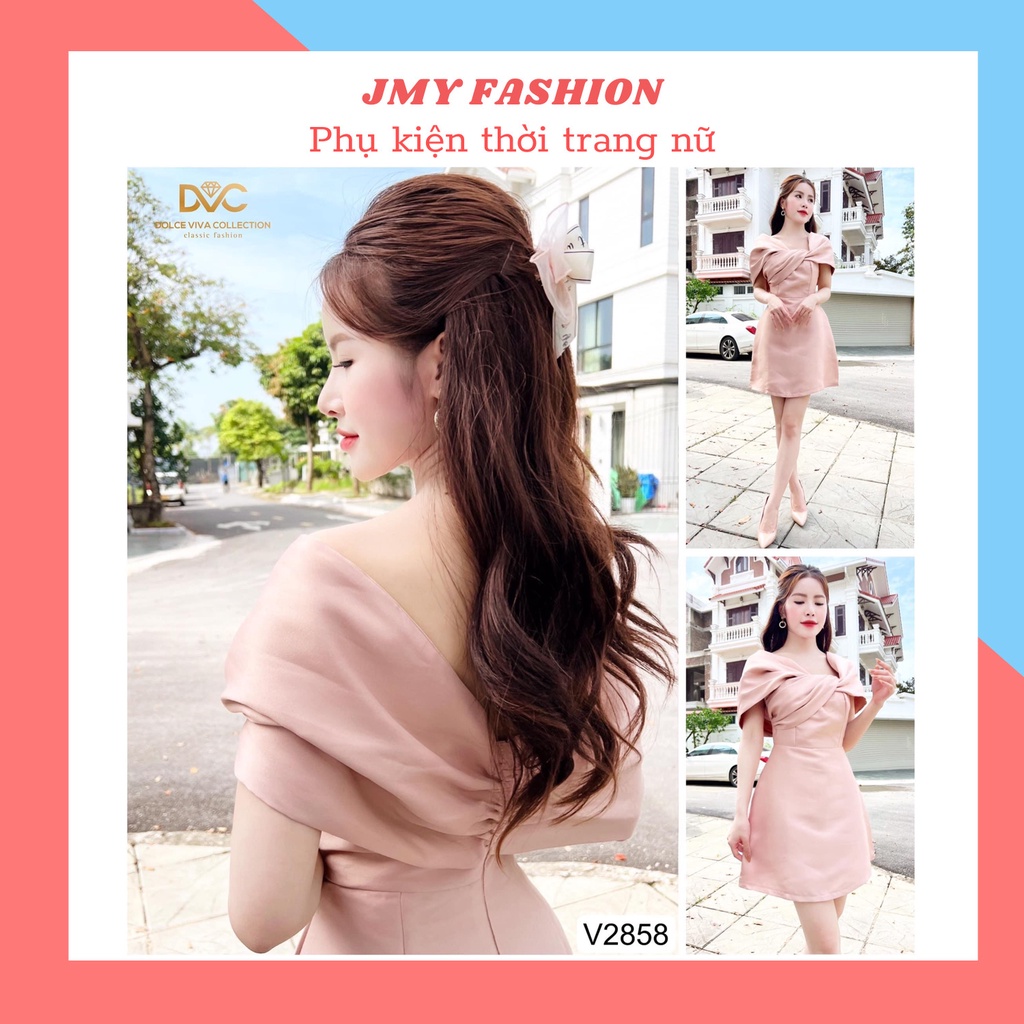 V2858 Váy tafta hồng nude 2 dây trễ vai sang chảnh - DVC&ACC (Dolce viva colection)