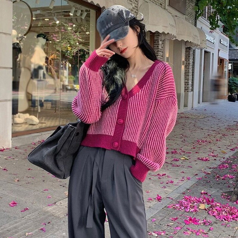 Áo Khoác Cardigan Dệt Kim Cổ Chữ V Họa Tiết Kẻ Sọc Màu Tương Phản Phong Cách Hàn Quốc Cho Nữ