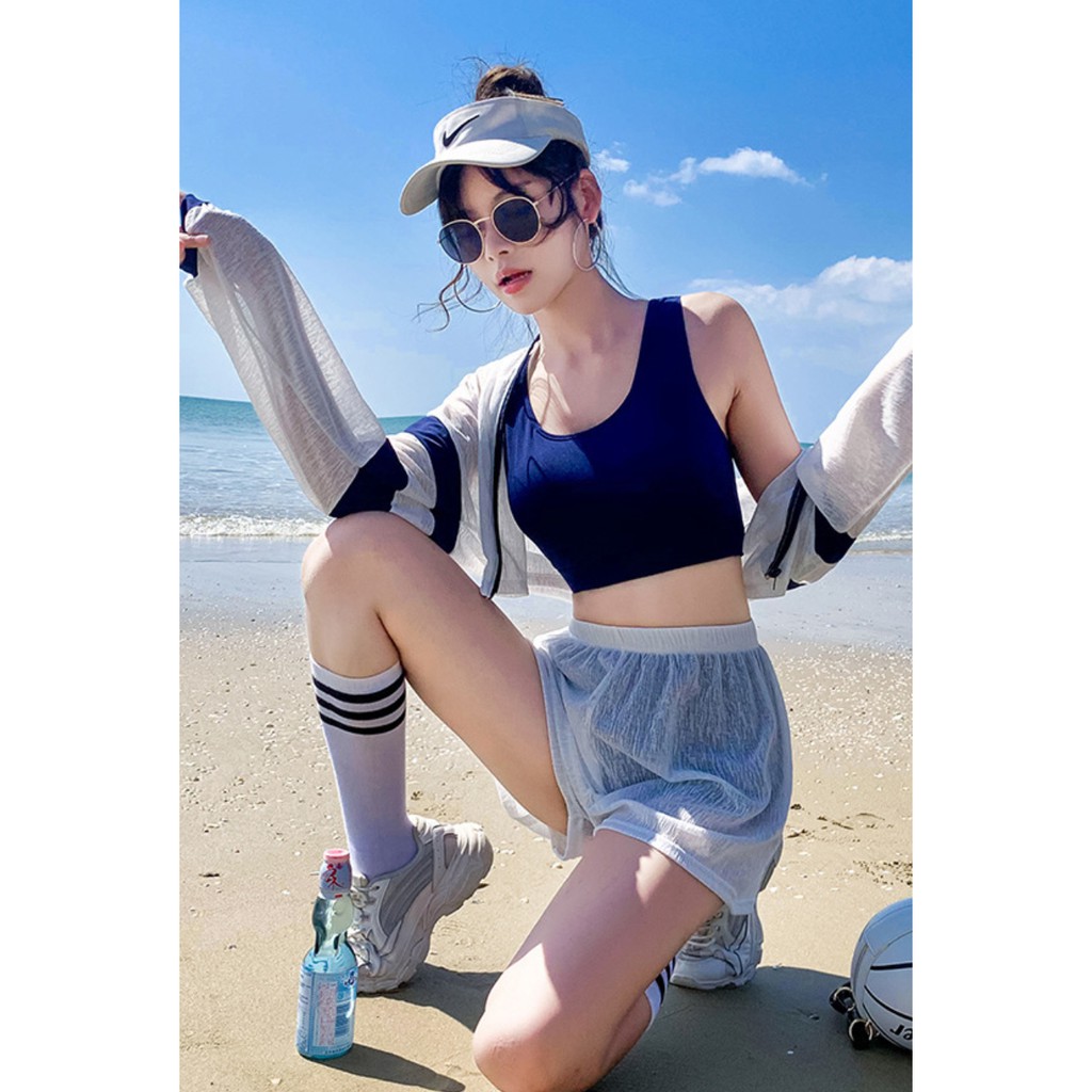 Bộ đồ bơi bikini nữ hai mảnh kèm áo ren tay dài đi tắm biển, đi tập yoga, tập gym
