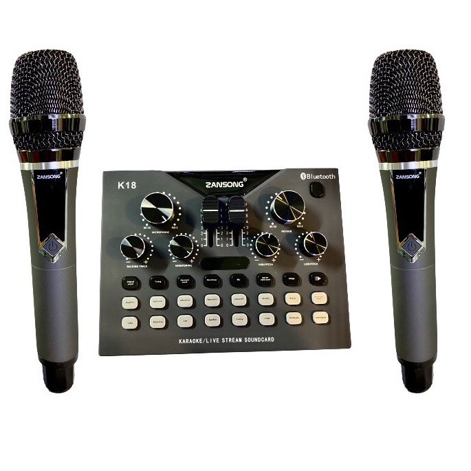 Bộ Mixer Karaoke LiveStream Zansong K18, Kèm 2 Micro Không Dây - Chuyên Karaoke Trên ÔTÔ - Ghép Loa Kéo
