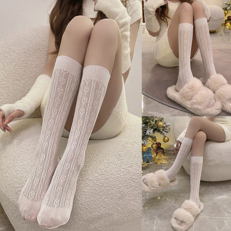 Vớ Lưới Dài Ngang Bắp Chân In Họa Tiết Trái Tim Kẻ Sọc Phong Cách Harajuku Nhật Bản Ngọt Ngào Cho Nữ