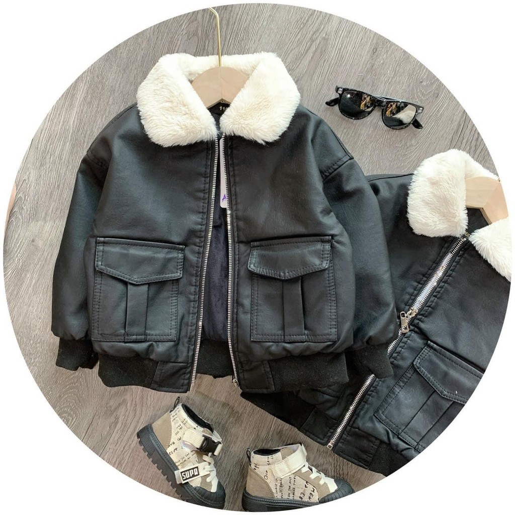 Siêu phẩm Khoác Da Đen Cổ Lông