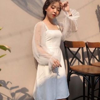 (Hình thật) Váy tay phồng cổ vuông công chúa