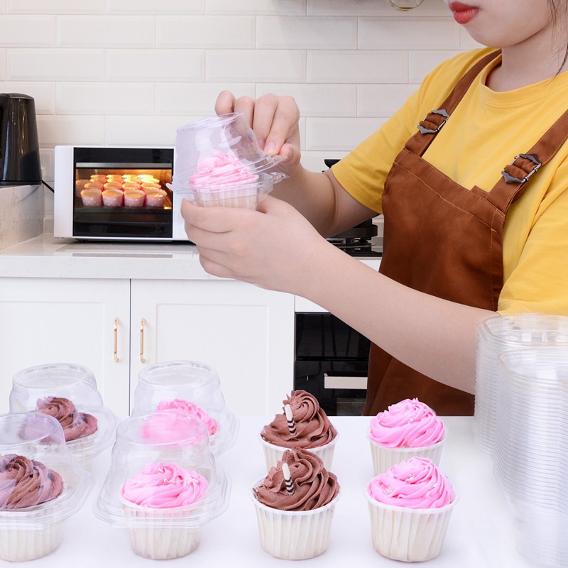 50 Pack Individual Cupcake Containers Disposable with Connected Lid Stackable Single Cupcake Boxes Clear Muffin Holders