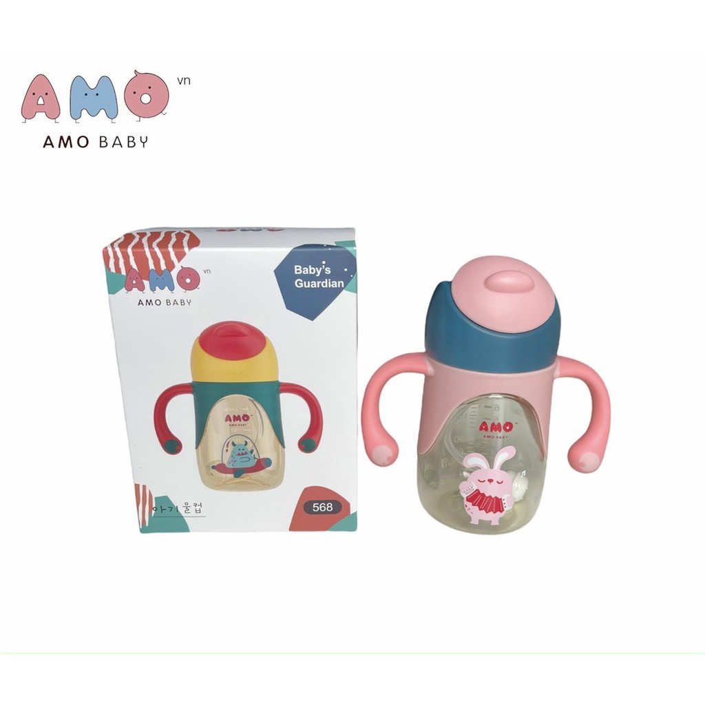 CHÍNH HÃNG - BÌNH TẬP UỐNG NƯỚC AMOBABY PPSU 240ml - CÓ HAI TAY CẦM TIỆN LỢI - ĐẦU ỐNG HÚT SILICON SIÊU MỀM