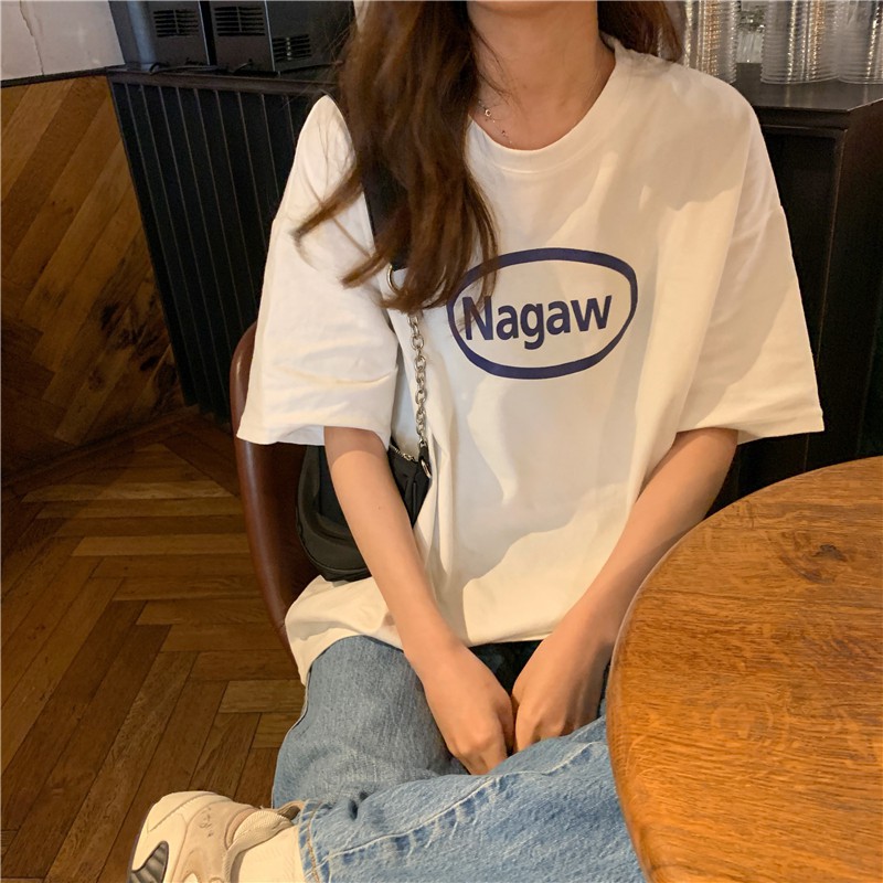 Áo thun nữ tay lửng dáng rộng in họa tiết đơn giản phong cách hàn quốc thời trang mùa hè