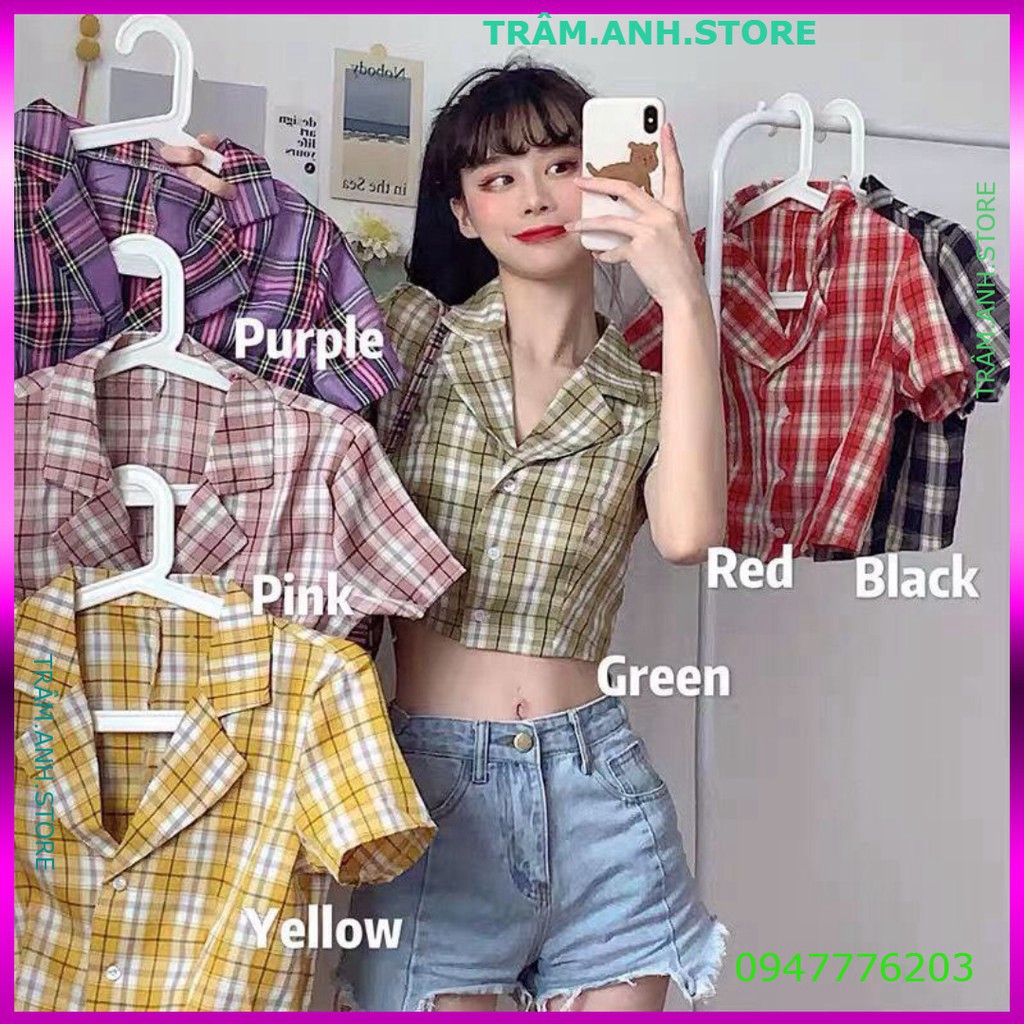 ÁO SƠ MI CROPTOP TAY NGẮN KẺ SỌC CARO THỜI TRANG CHO NỮ - CROPTOP CARO KẺ TÍM ĐEN ĐỎ HỒNG VÀNG XANH 👗 👑