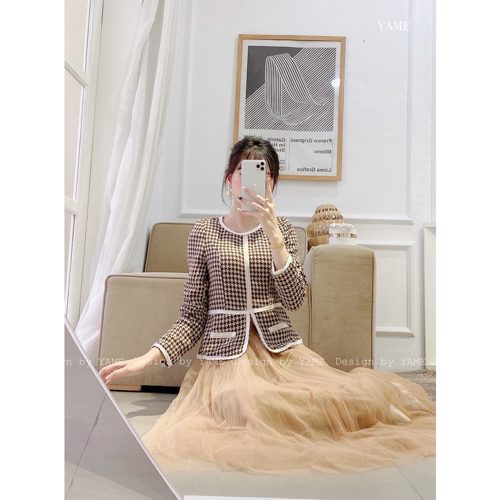 Set áo vest dạ chiết eo chân váy ren xoè nhiều lớp màu nâu be, đen, đỏ Kaylin YAME