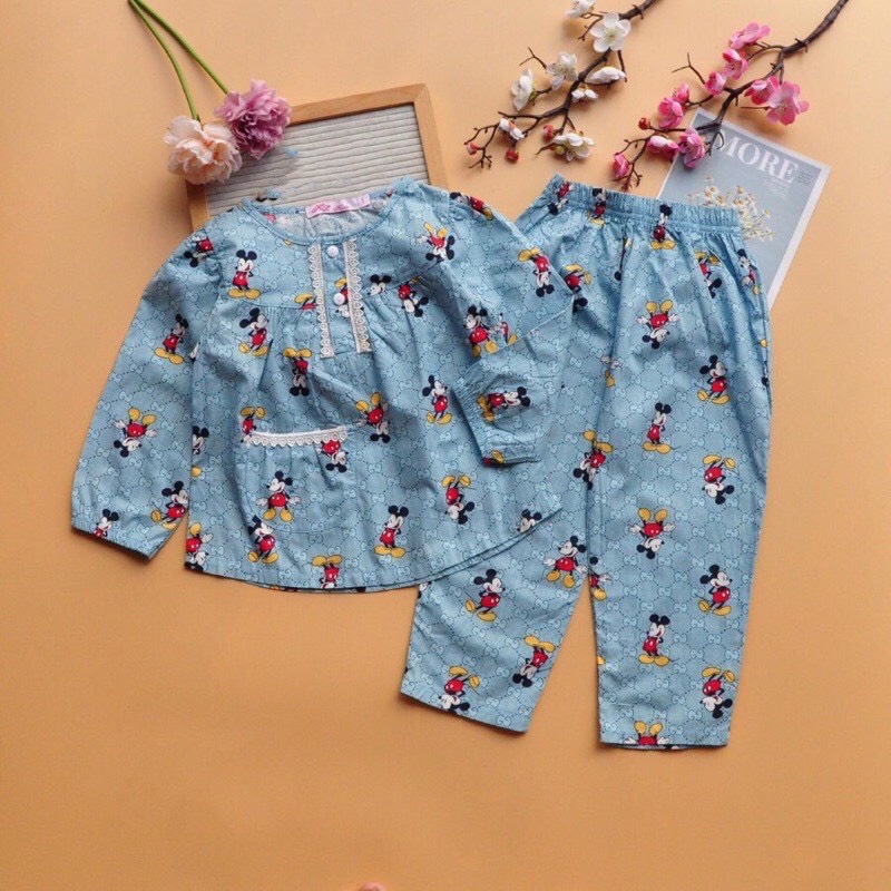 Bộ ngủ Pijama dài tay ống chun chất kate cho bé gái (12-33kg) - Hirokids