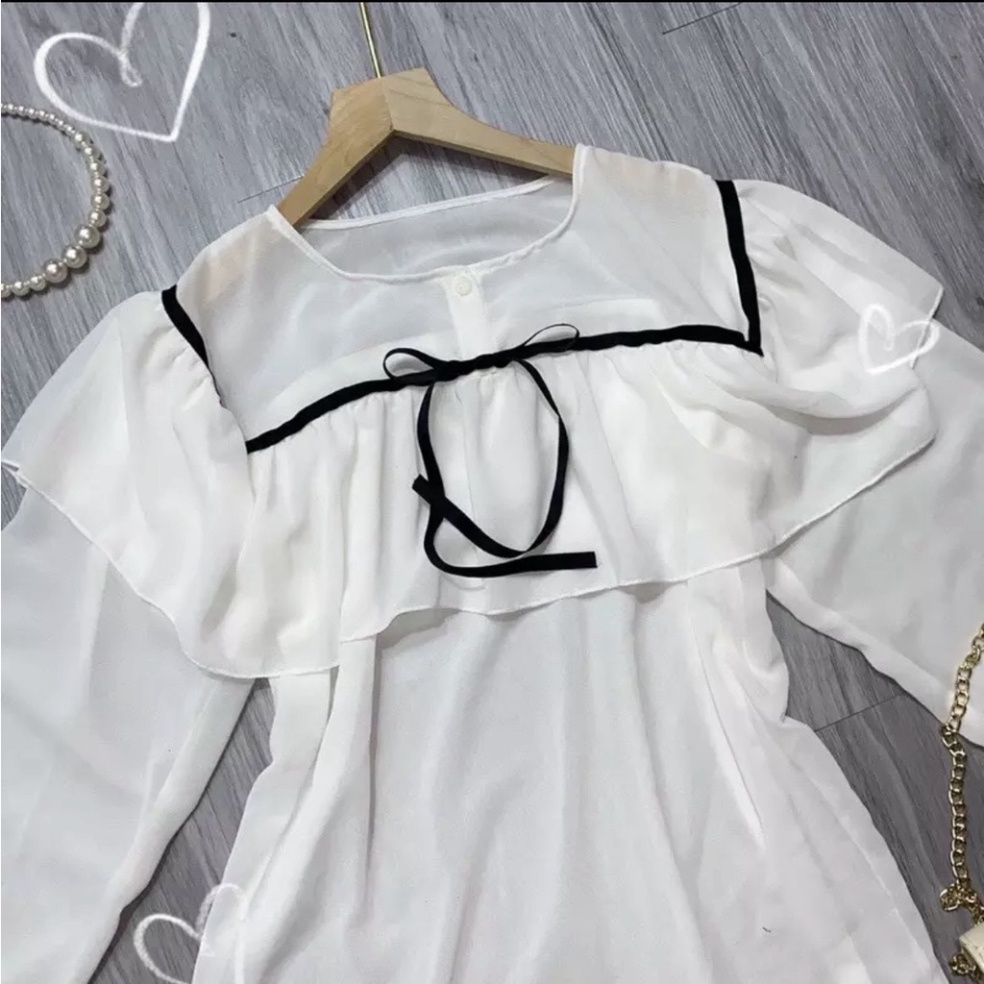 Áo sơ mi nữ công sở dài tay tay màu trắng đi học sinh cổ tròn dáng rộng_390 nội y xanh chất đẹp giá tốt