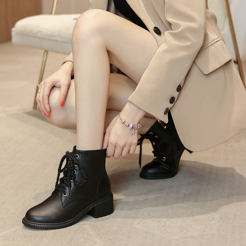 Giày bốt Martin phong cách Hàn Quốc gót thô đế cao 5cm khoá kéo màu trơn