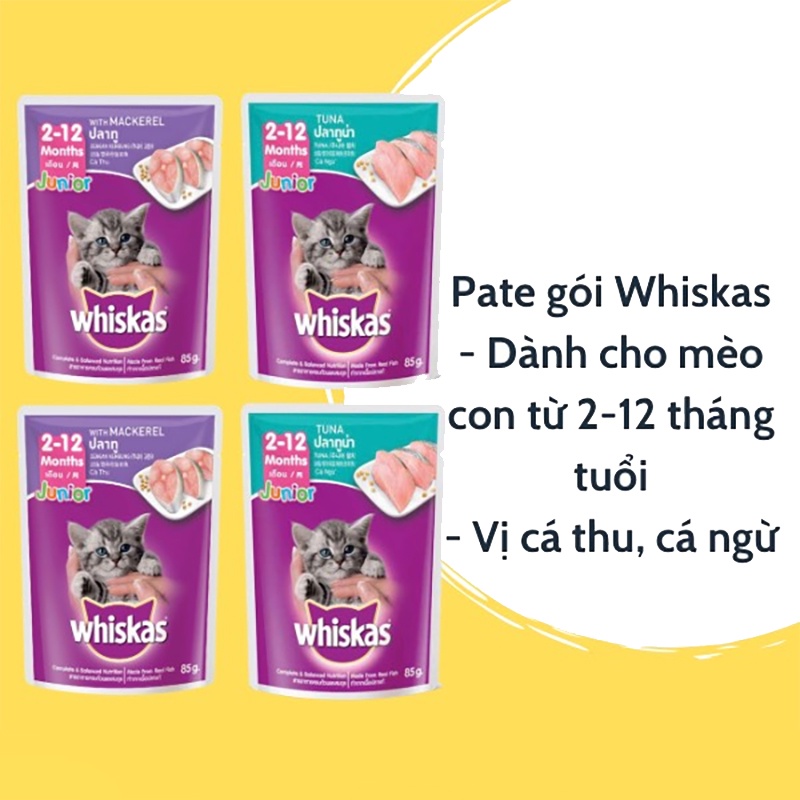 Pate mèo con Whiskas 2 vị cá ngừ cá thu tươi ngon hấp dẫn giàu dinh dưỡng dạng túi 80g