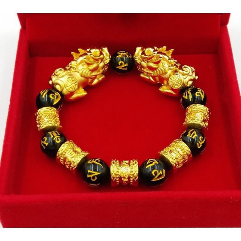 Vòng tay phong thủy đá Obsidian đen kèm charm vàng 24K