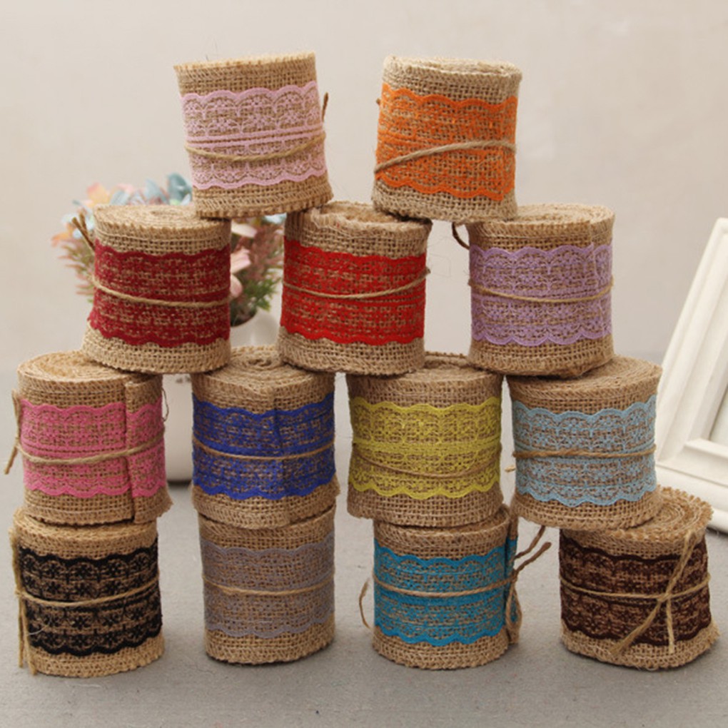 Cuộn ruy bằng vải bố phối ren trang trí tiệc 2M