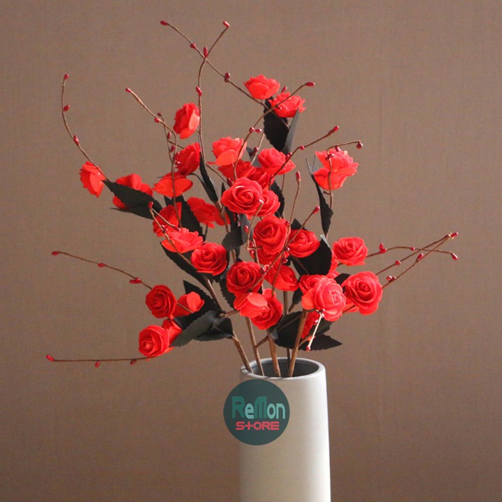 Cành hồng đỏ baby có nụ style vintage retro hoa cao cấp trang trí nhà cửa tiệc cưới, đạo cụ chụp ảnh