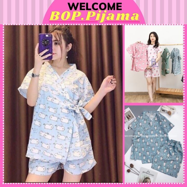 Đồ ngủ nữ pijama mặc nhà kimono HATIBO chất kate thái cao cấp, bộ quần áo ngủ pizama tay ngắn quần đùi | BigBuy360 - bigbuy360.vn