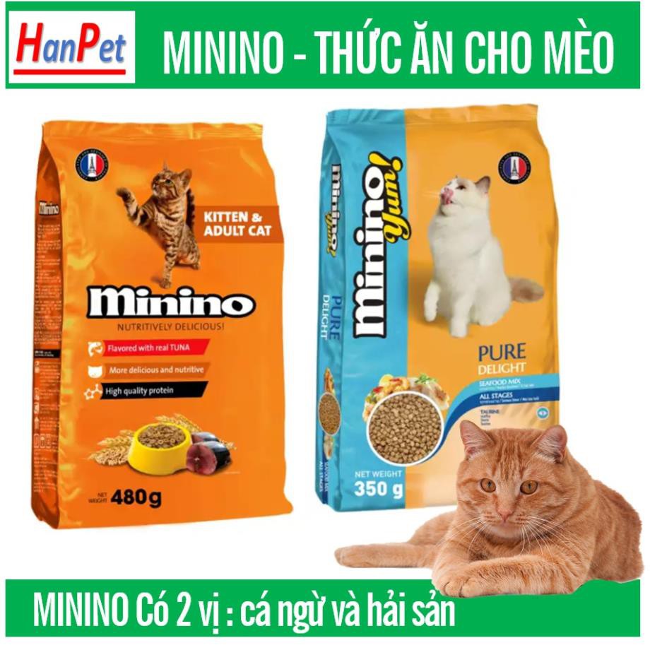 Hanpet.GV- MININO (Vị hải sản &amp; cá ngừ) gói 13,kg và 1,5kg Thức ăn cho mèo, dùng cho mèo mọi lứa tuổi (hạt mèo khô)