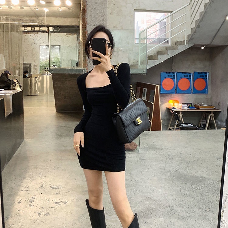 COZOKC COZOK Đầm tay dài cổ vuông màu sắc thanh lịch