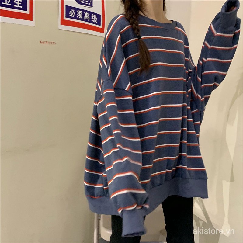 BIG SIZE 2XL 110kg - Áo Thun Nữ Tay Dài Dáng Rộng Kẻ Sọc Ngang thời trang thu đông 2021 | BigBuy360 - bigbuy360.vn