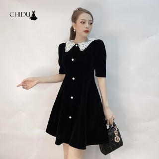 Chidu váy nhung cổ ren chấm bi sp327