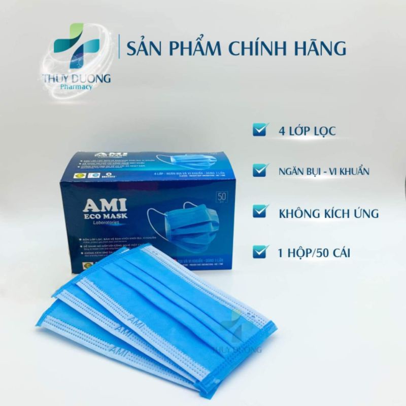 (Hộp 50 chiếc) Khẩu trang Ami 4 lớp màu xanh hàng chính hãng