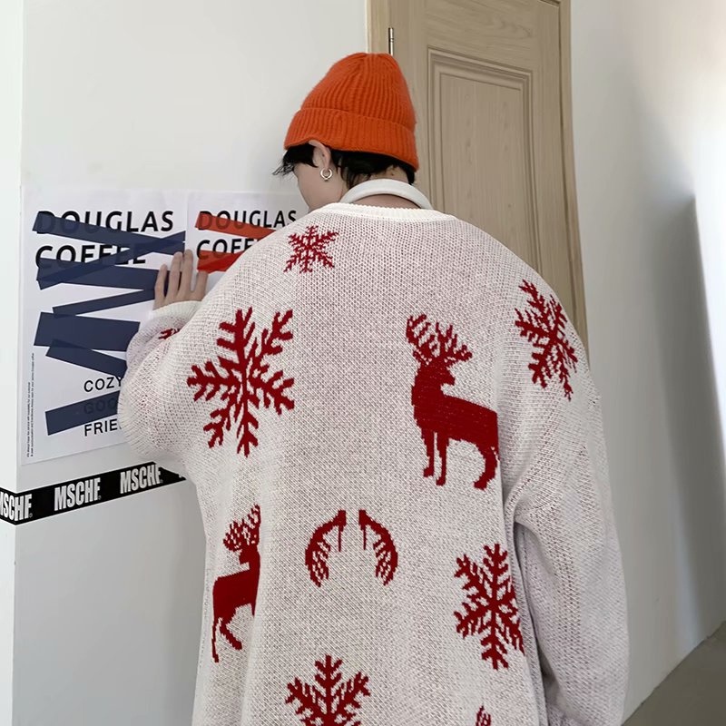 Áo sweater cổ tròn dáng rộng in hình tuần lộc/hoa tuyết giáng sinh phong cách Nhật Bản thời trang cho nam size M-2XL