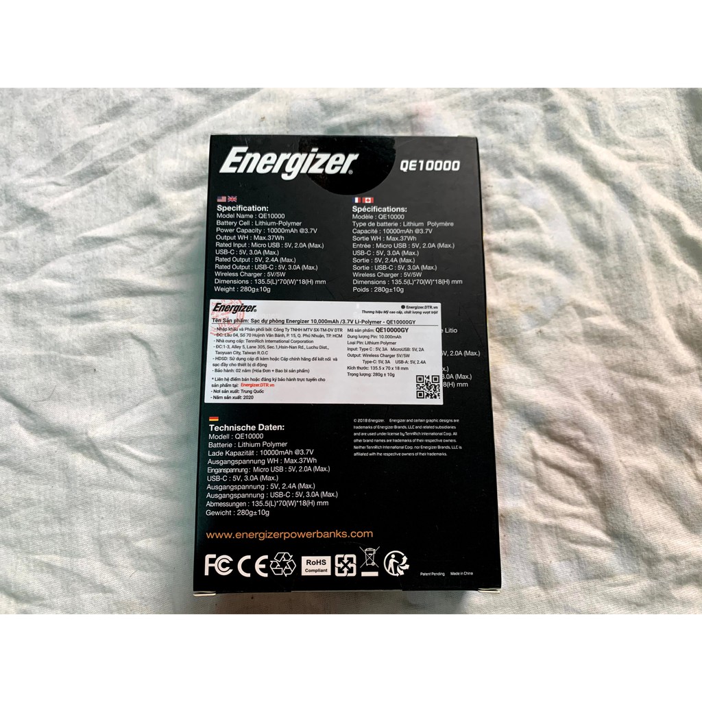 Pin sạc dự phòng Energizer QE10000 BÁO XÁM sạc không dây 5W.