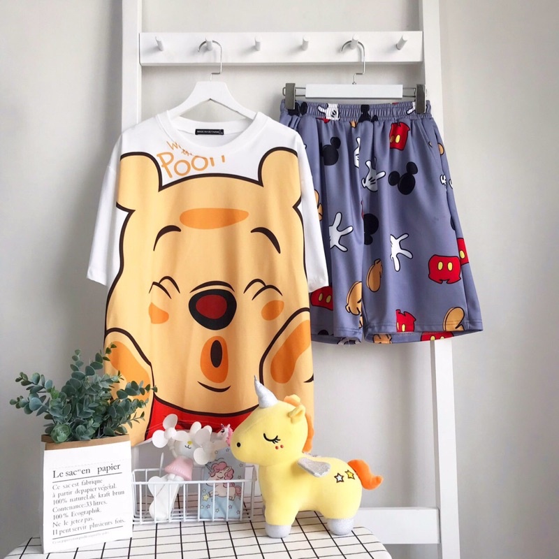 Set bộ Cartoon GẤU POON  phối quần đùi hoạt hình mặc nhà from rộng Unisex Freesize 38-70kg Nam nữ