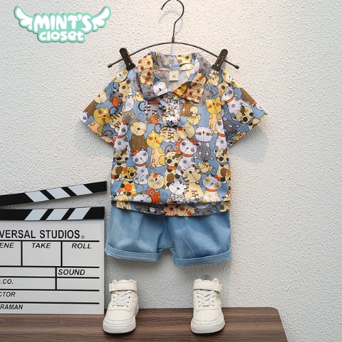 Set áo sơ mi hoa tiết con vật quần jean mềm cho bé trai 1 2 3 4 tuổi MINTSCLOSET Mint's Closet - TN3036