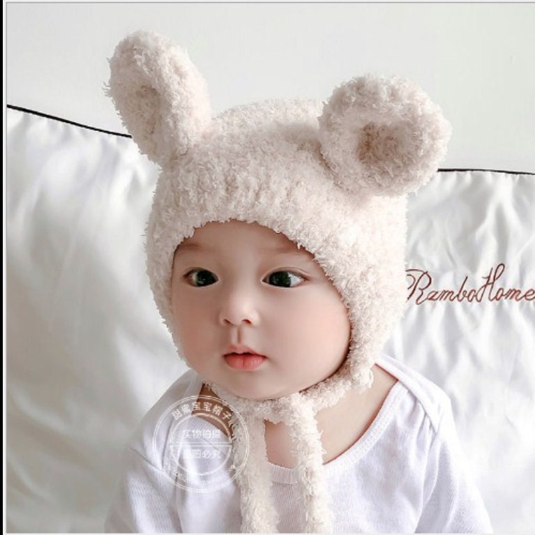 Mũ nón len thu đông hình chú GẤU XÙ LÔNG CÓ DAY BUỘC [ 02MV] cho bé trai bé gái từ 0-15 tháng tuổi.