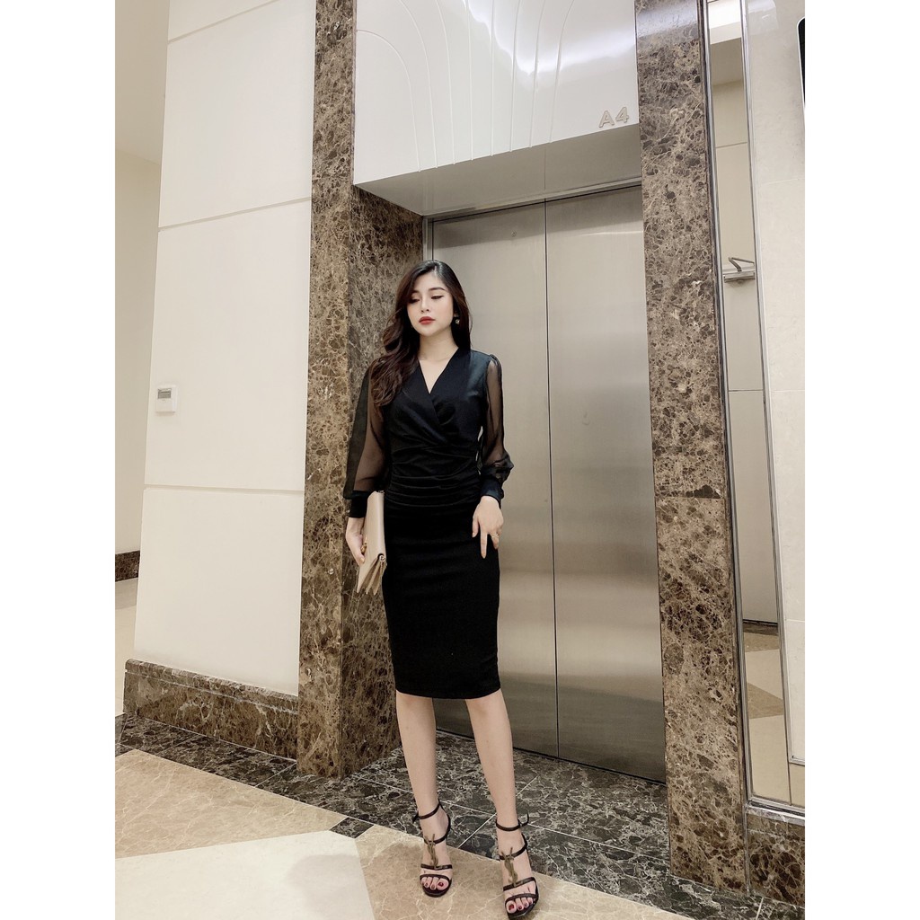 Đầm đen nữ tay dài cổ tim nhún eo trẻ trung, thanh lịch hàng cao cấp | BigBuy360 - bigbuy360.vn
