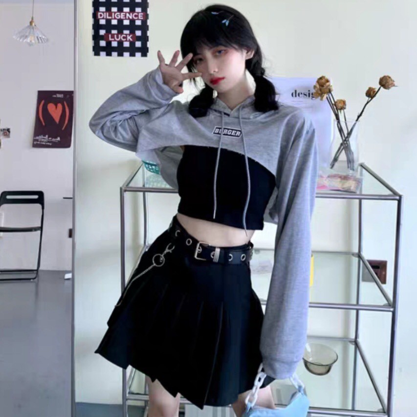 SET 2 MÓN ÁO HOODIE CROPTOP BURGER Cut out Xanh neon Xám Đen + Áo Tanktop Đen ULZZANG