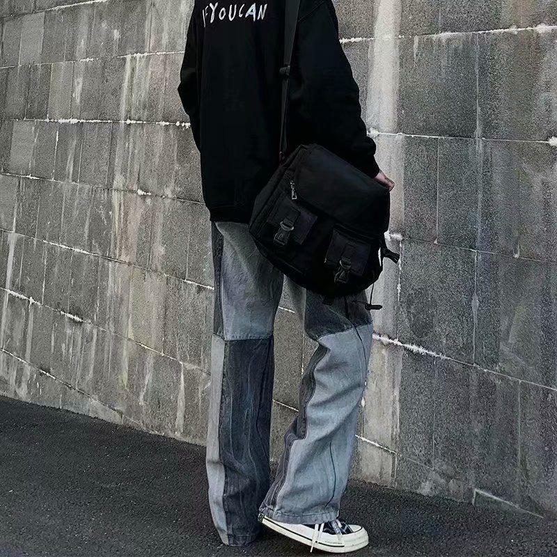 Blue and gray INS European and American high street hip-hop tide brand washed and old loose straight daddy pants hit color tie-dye denim trousers men