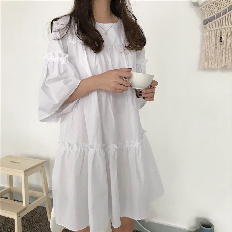 váy đầm nữ màu trắng đen chất mềm mát kiểu BABYDOLL dáng suông tay lỡ thấm hút mồ hôi hàng quảng châu cao cấp