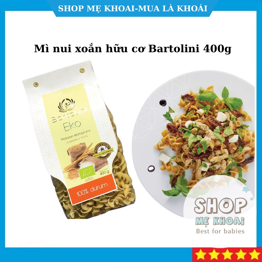 Nui rau củ, Nui ăn dặm cho bé, Mì nui xoắn hữu cơ Bartolini 400g-Khoaibaby