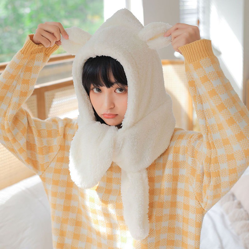 Mũ lông cừu dài kiêm khăn choàng giữ ấm thu đông thời trang cho nữ