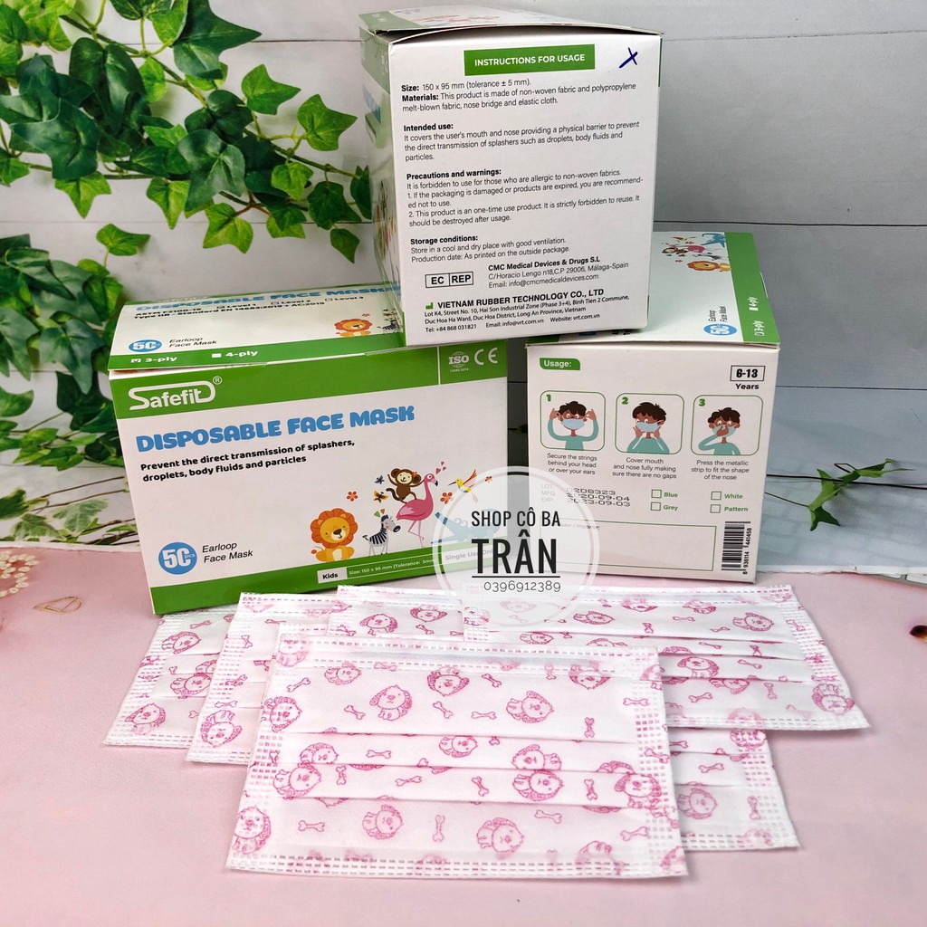Khẩu trang cho bé 3 lớp hộp 50 cái cho bé từ 6 – 13 tuổi - Khẩu trang kháng khuẩn Safefit